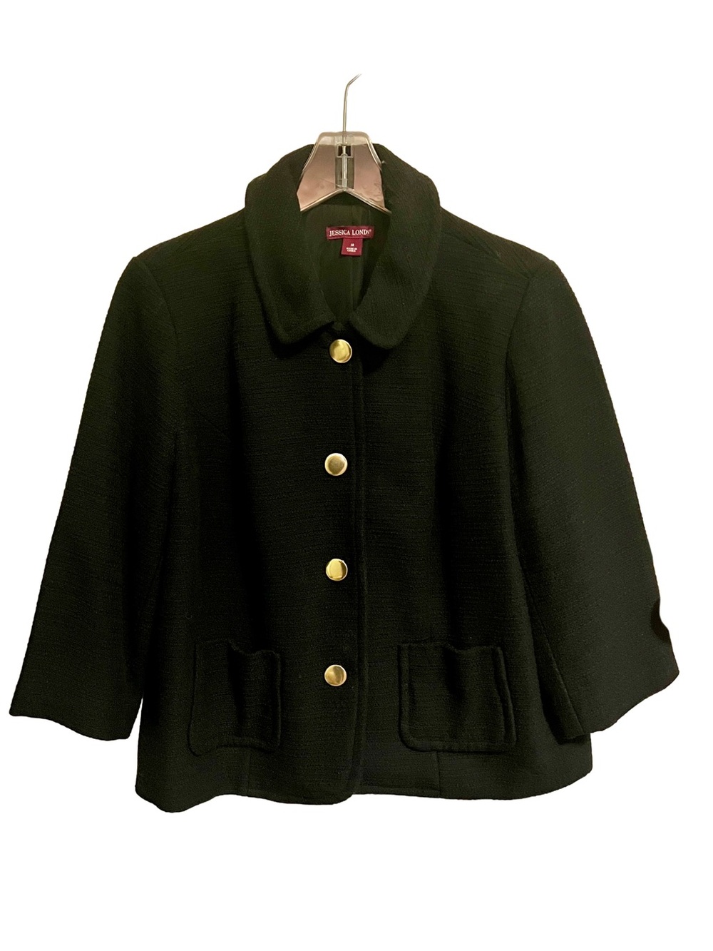 Jessica London Short Black Jacket with 3/4 Sleeves  and Gold Buttons, Size 18